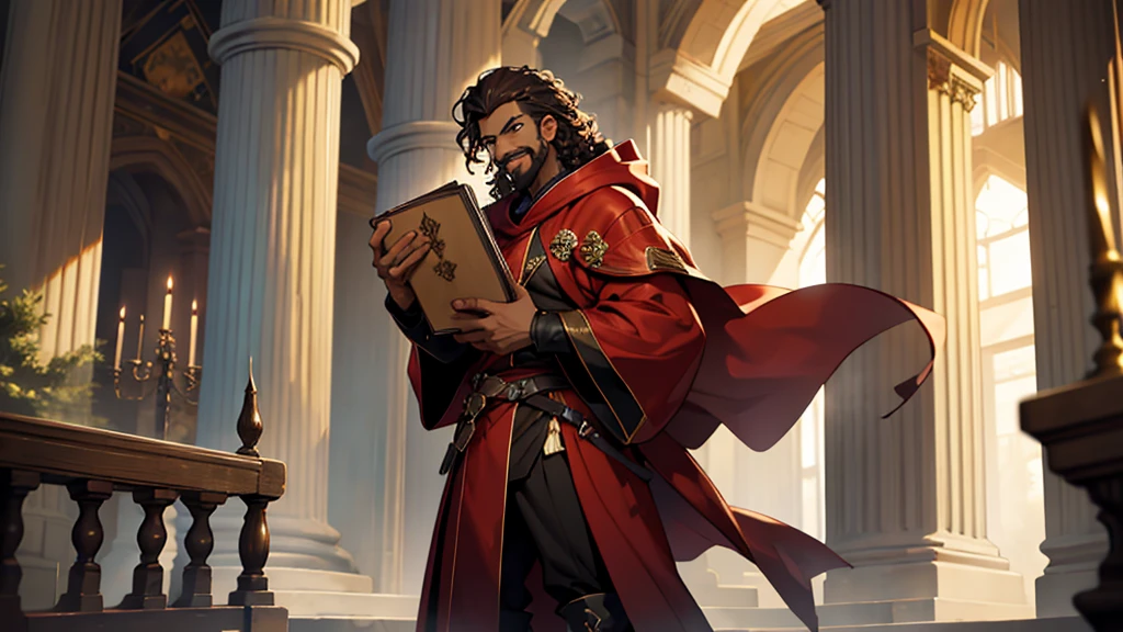 4k ultra high-definition, high quality masterpiece, full-length head to toe image, perfect lighting, best quality solo man with mocha skin tone, dark brown long curly afro hair, green eyes, goatee and mustache, facial expression smiling, wearing long red robes with golden trim hood up over his head and brown leather boots, standing holding a large book with both hands in a library with large white columns