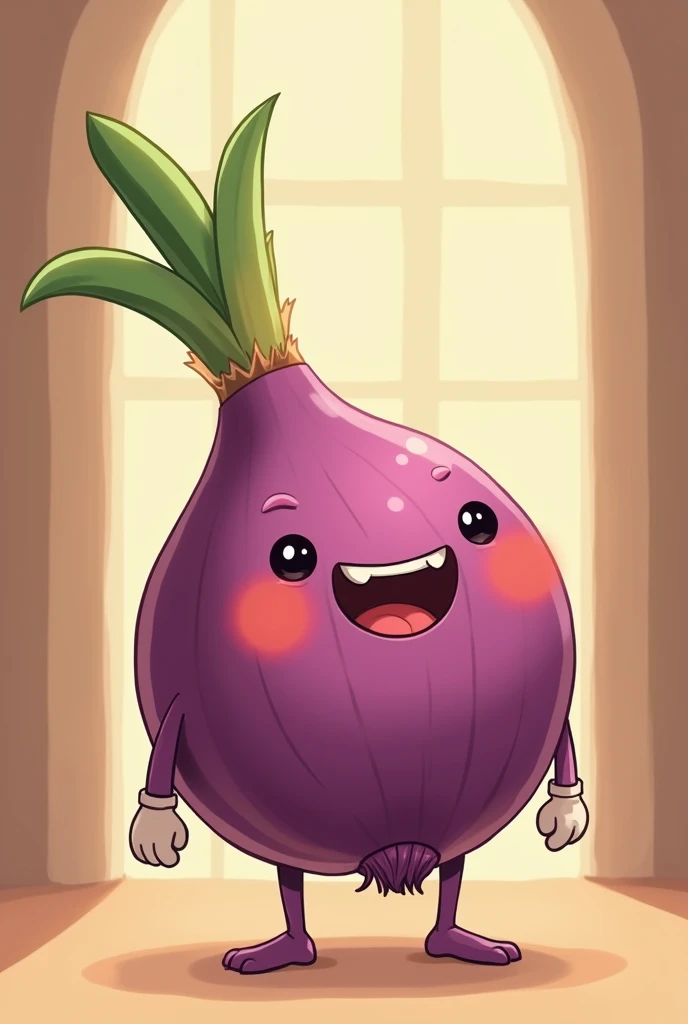 Create a cute and tender illustration of a pet,  It is a purple onion, it has no hair on its bottom, it has short legs and little arms with white gloves, it is happy and very smiling, HE DOESN&#39;T HAVE HAIR BELOW, HE LOOKS UGLY AND HIS HEAD IS NOT BLONDE, IT&#39;S GREEN, HIS FACE CHANGES AND NO RED CHEEKS , THAT FACE HAS NOTHING TO DO WITH THOSE, TAKE AWAY THOSE RED CHEEKS