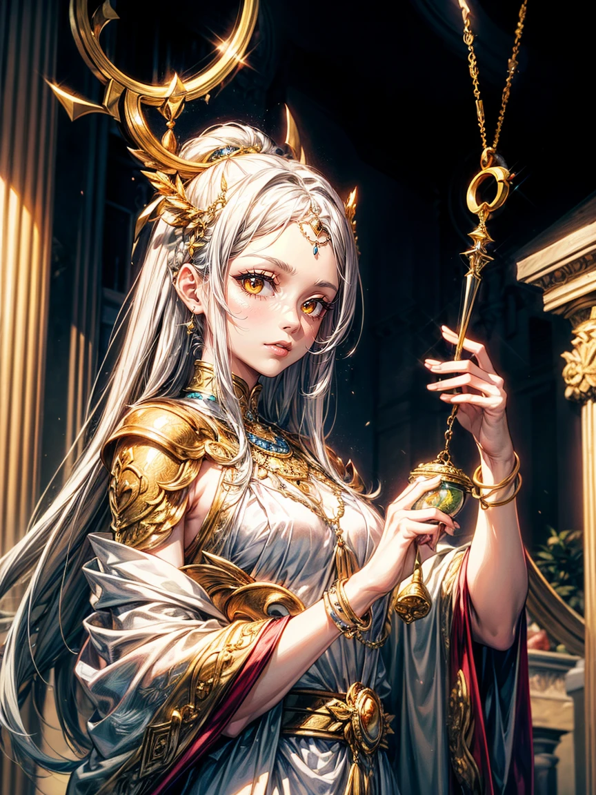 masterpiece,highest quality,Ultra high definition, The Goddess Themis, Greek mythology,((Forehead hair)),white hair,(The balance scales of justice in my hand),(holding up the scales),deep brown eyes, white draped robe, scales, (Deep brown eyes)
