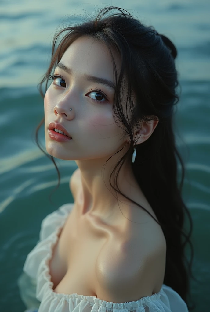 Small chest, ponytail, beautiful girl, water, Viewed from slightly above, Looking up from the front