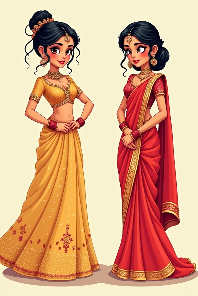 2d cartoon illustration an Indian girl bride.2 poses She wearing a gold lehenga and holding her waist.2 pose in red saree looking shy.Both poses they are standing far but looking at each other.