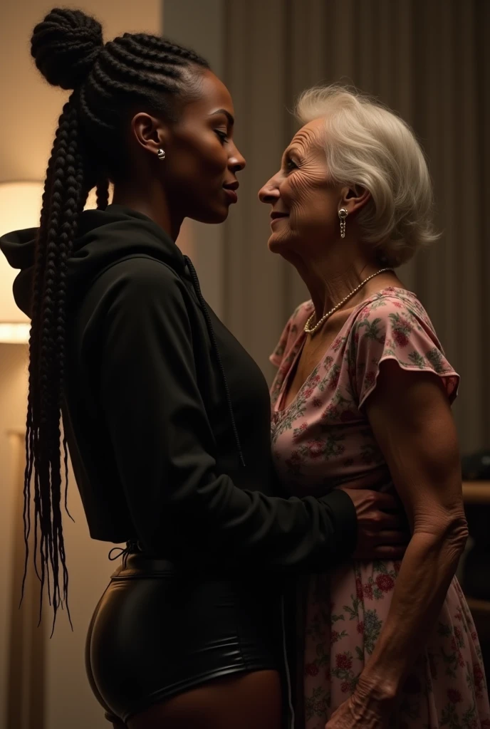 a black woman with long braided hair in a bun, wearing a black hoodie and black leather short shorts, being forcefully penetrated in the ass by an old grandma wearing a floral dress, extreme detailed anatomy, high quality, photorealistic, (best quality,8k,masterpiece:1.2),highly detailed,extremely realistic, (cinematic lighting,dramatic lighting:1.4), chiaroscuro lighting, dramatic shadows, hyper detailed, (realistic skin texture:1.3), (realistic hair texture:1.3), (realistic clothing texture:1.3), (realistic penetration:1.5), (intense penetration:1.5), (very explicit sex scene:1.6), (mature content warning)
