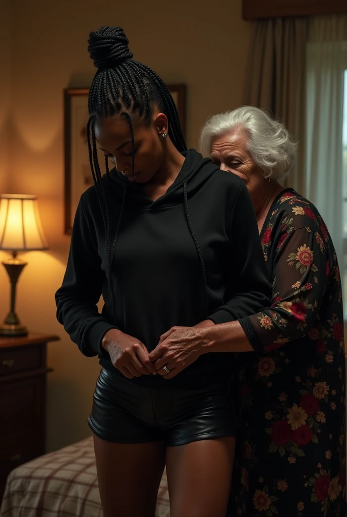 a black woman with long braided hair in a bun, wearing a black hoodie and black leather short shorts, being forcefully penetrated in the ass by an old grandma wearing a floral dress, extreme detailed anatomy, high quality, photorealistic, (best quality,8k,masterpiece:1.2),highly detailed,extremely realistic, (cinematic lighting,dramatic lighting:1.4), chiaroscuro lighting, dramatic shadows, hyper detailed, (realistic skin texture:1.3), (realistic hair texture:1.3), (realistic clothing texture:1.3), (realistic penetration:1.5), (intense penetration:1.5), (very explicit sex scene:1.6), (mature content warning)