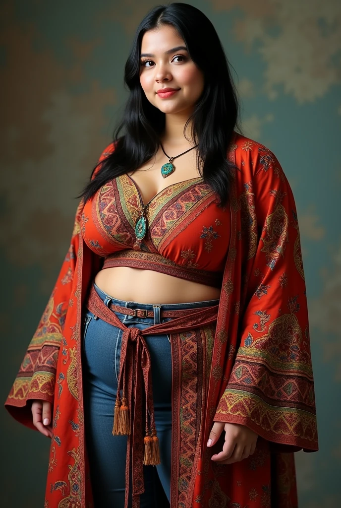 woman, shoulder-length straight black hair, medium bust, plump, wearing gypsy clothes, standing, looking at the camera, photorealistic