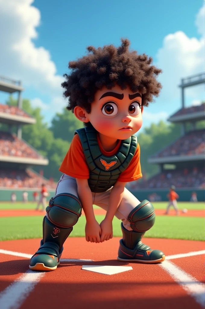 Show a curly head boy playing catcher