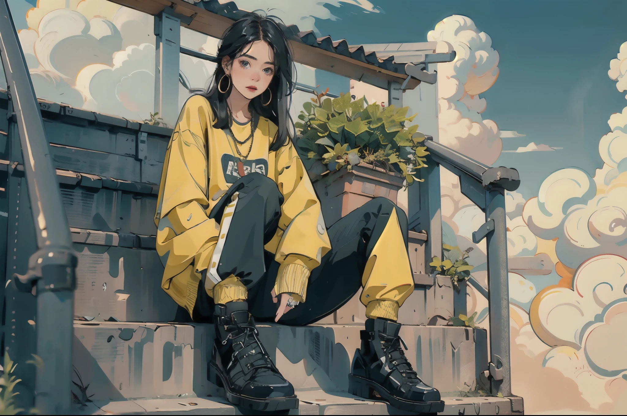 ((Masterpiece)), best quality, perfect anatomy, 8K wallpaper, mChinaChic, 1girl, solo, black shoes, black hair, yellow print shirt, long hair, necklace, , clouds, looking at viewer, long sleeves, on street, sitting on stairs, hoop earrings, wide shot, ring,