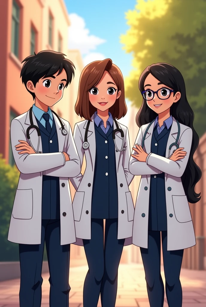 Disney style image with 3 nutritionists standing, a nutritionist boy with short black hair wearing a navy blue uniform with a white doctor's coat and a nutritionist girl with shoulder-length straight brown hair who also wears a navy blue uniform and a white doctor's coat and a girl with long wavy black hair and glasses who wears a navy blue uniform with a white doctor's coat