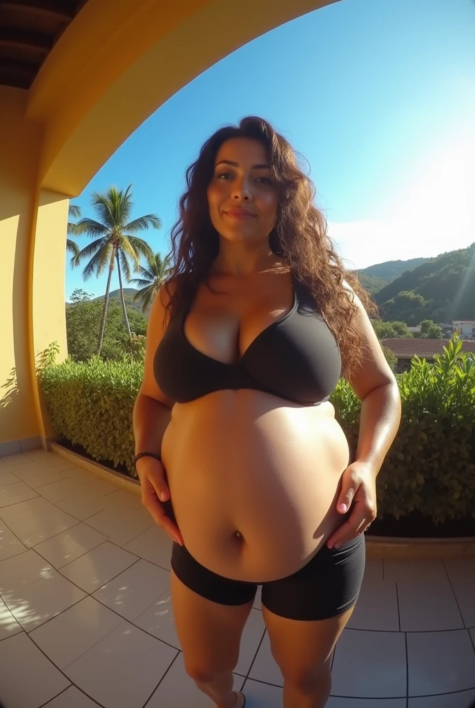 Your POV view when you meet a Brazilian Latina mother with a plus size body wearing gym clothes showing off her big pregnant belly on the terrace of the house. fisheye camera view, iphone camera style. HD, realface, cinematic, high shappering, exlecutive content