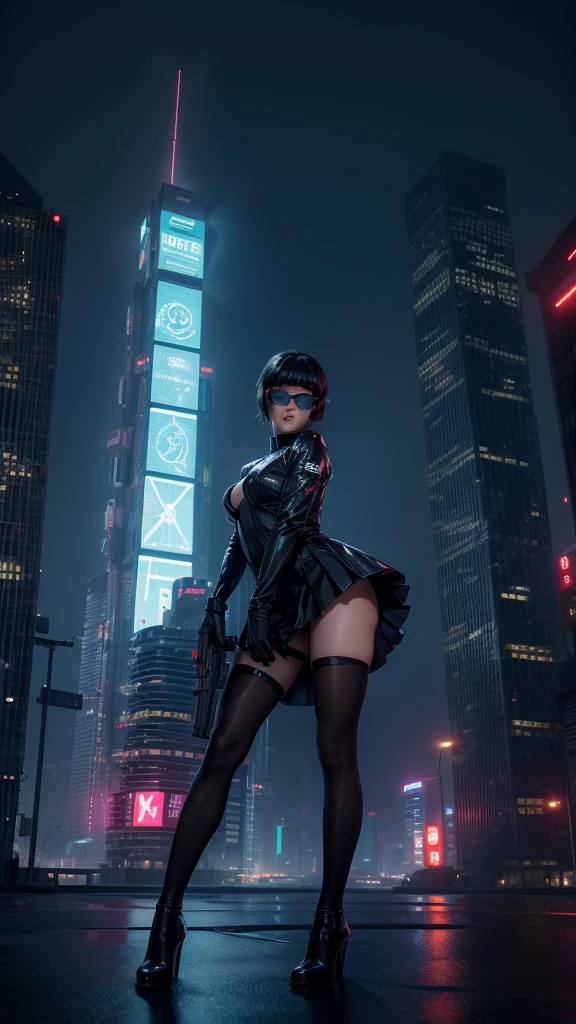 (Wide angle view). "ghost in the shell" film inspired futuristic Tokyo city, simple outlined neon tall buildings, (OLED holographic portrait on buildings), glowing giant clock tower, 1drone, lightning, 3D rendering Beeple. At night, (1girl, solo, alone), photorealistic, medium-breast slim:0.6 body, oval:0.5 face, cleavage:1.1, sexy costume with deep-v, low view pleated miniskirt, ((upskirt)), glove, (Matrix style black micro sunglasses), ((aiming viewer with a short gun)), (half-body thigh level close-up shot), cinematic lighting, ray tracing.