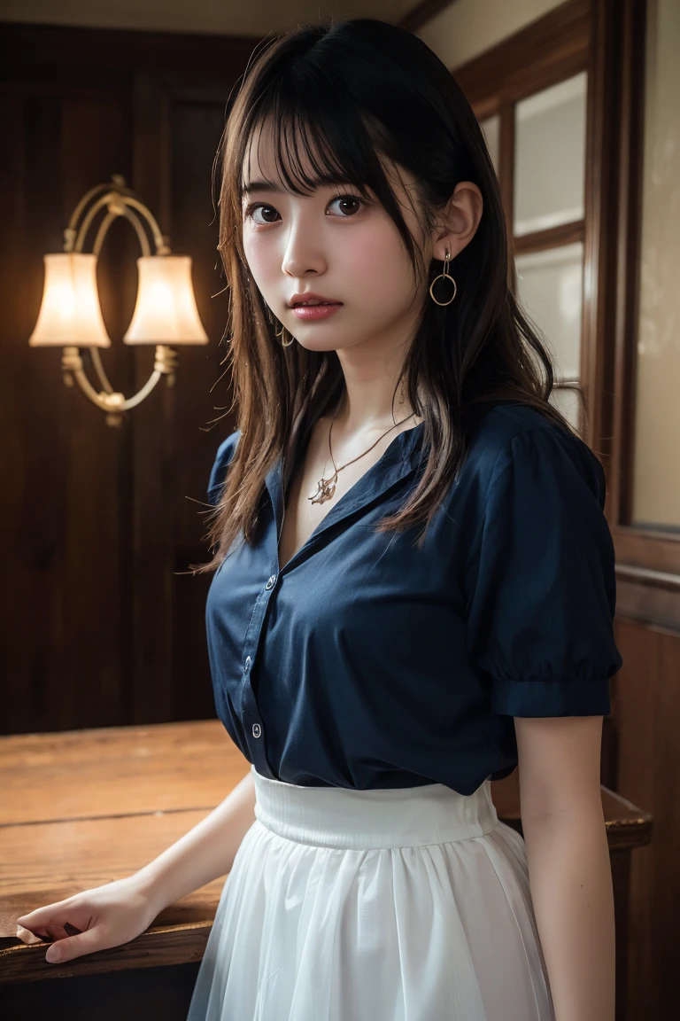 (Highest quality:1.4),(masterpiece:1.4),(Realistic:1.4),(Realistic:1.2),(超High resolution, RAW Photos:1.4),(High resolution, Ultra-detailed:1.2),(8k:1.2),View your viewers,Cinematic photography,One person,skeletally correct,Black-haired woman,Woman in her early 20s,(Small earrings,necklace,White blouse,Cream tulle skirt),(Western-style building interior,Dimly lit room,The lamplight shines on my cheeks)