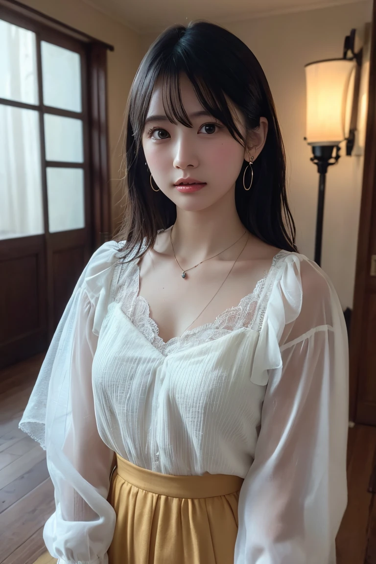 (Highest quality:1.4),(masterpiece:1.4),(Realistic:1.4),(Realistic:1.2),(超High resolution, RAW Photos:1.4),(High resolution, Ultra-detailed:1.2),(8k:1.2),View your viewers,Cinematic photography,One person,skeletally correct,Black-haired woman,Woman in her early 20s,(Small earrings,necklace,White blouse,Cream tulle skirt),(Western-style building interior,Dimly lit room,The lamplight shines on my cheeks)