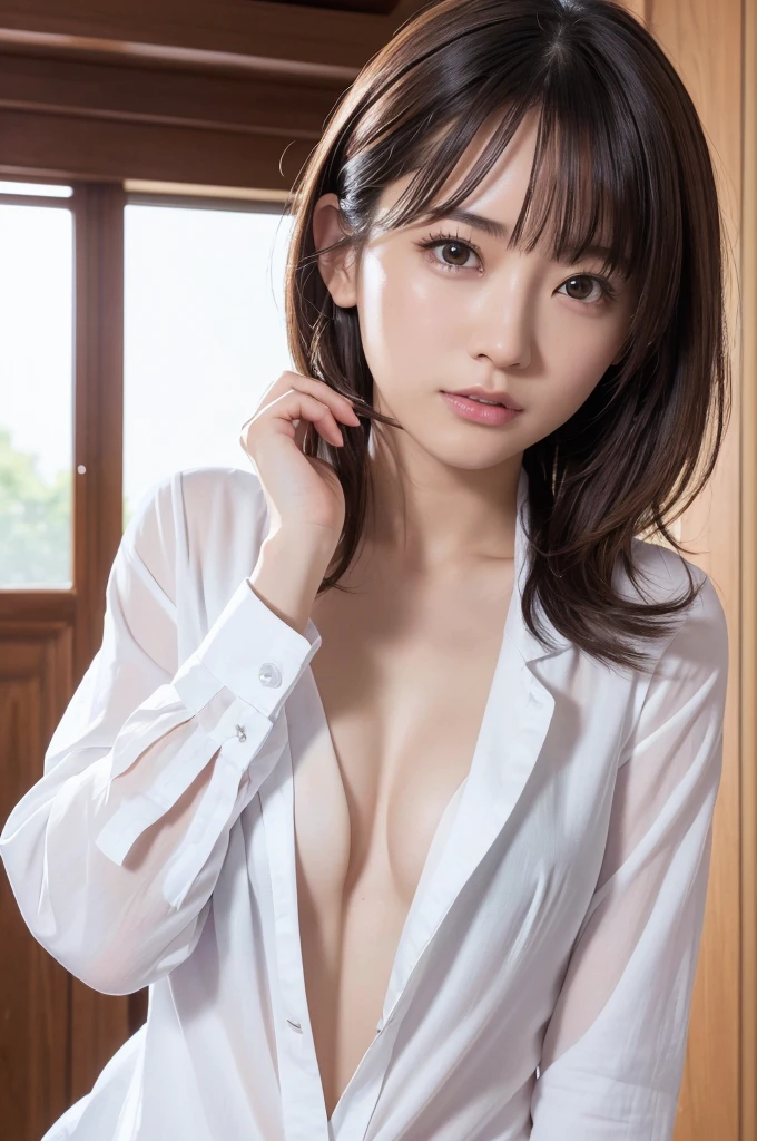 (best quality, 4K, 8k, highres, masterpiece:1.2), ultra-detailed, (realistic, photorealistic, photo-realistic:1.37), hyper detailed, extremely detailed, intricate details, sharp focus, physically-based rendering, professional, vivid colors, studio lighting、Japanese High School Girl、Small breasts、Natural Makeup、(Hair Color:Random)、middlehair、Inward curl、White shirt、Open shirt、Emphasize cleavage、side boob、under boob