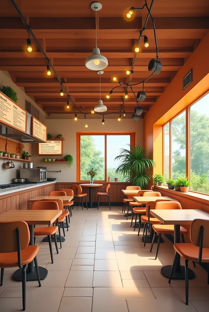 healthy cafeteria with the name SALUVIDA, with a family concept, clean, colorful, not very big, but with a cozy atmosphere, 
Saludida is a cafeteria that offers healthy food, We have screens showing the menu, It is a place with pleasant lighting, Warm at night but clear during the day,  1 image of the cafeteria kitchen, which would be in the back in a separate space from where people eat