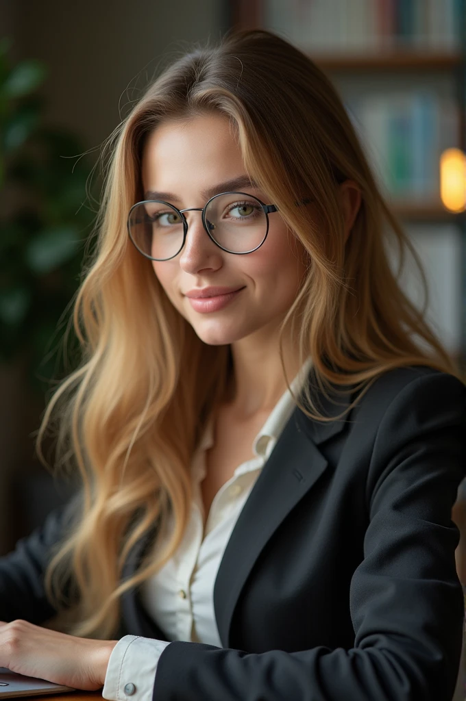 A beautiful girl with long golden hair, Delicate eyes, nose, and lips, Wearing professional attire, Sitting in her office, Using her computer, pk (best quality,4K,8K,high resolution,masterpiece:1.2),Extremely detailed,(Practical,photoPractical,photo-Practical:1.37),HDR,Studio Lighting,Extremely detailed face and body, portrait,Movie Lighting,Dramatic Lighting,Warm colors,Dramatic Colors