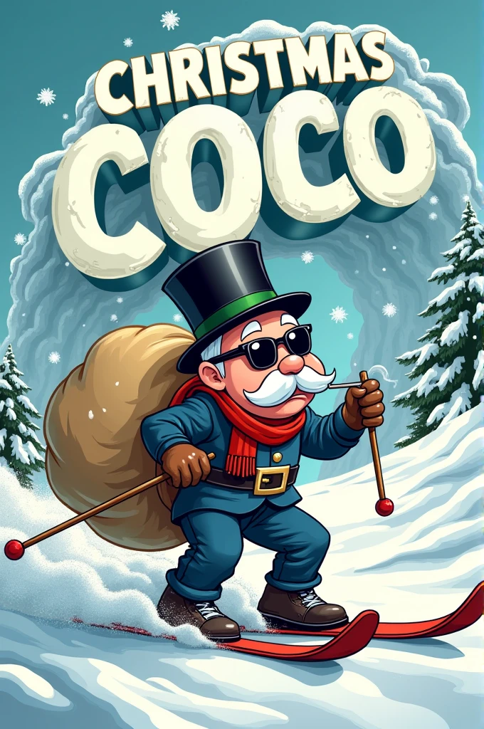 monsieur monopoly avec des lunettes teintées noir avec un joint dans la bouche complètement défoncée qui dévale une montagne en ski avec un grand sac rempli de poudre blanche et sur la montagne une avalanche ou il y'a dessus ecrit Christmas coco en 3d sur l'avalanche et dans le style cartoon