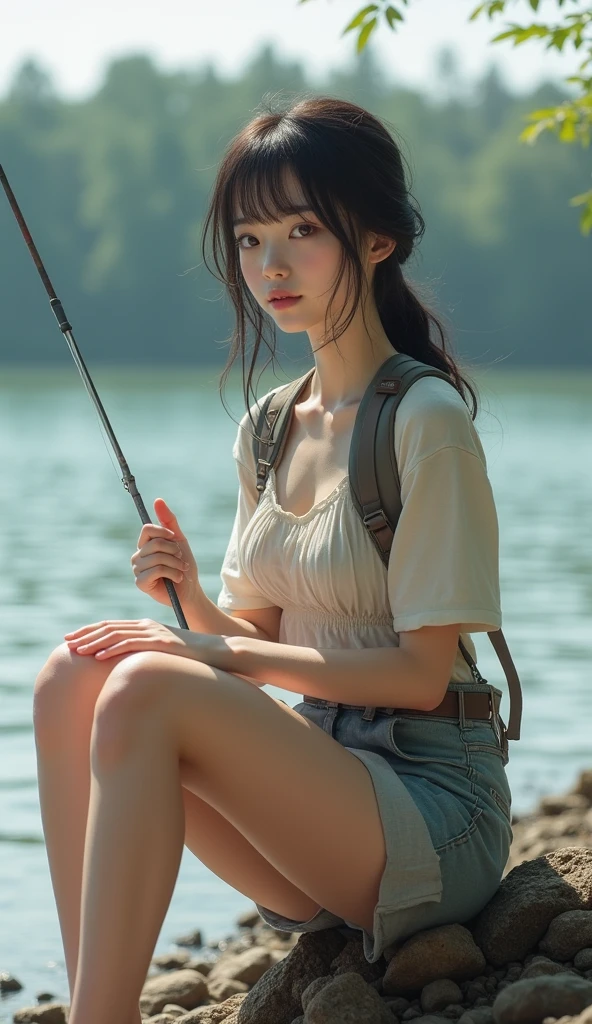 Stunning teen girl 17. Realistic photos, Detailed face, Detailed eyes, Fine hand, Perfect limbs, Fishing on the lake shore, Large bust, Hiking Wear, Feminine body, 16k uhd,Japanese