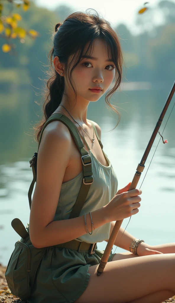 Stunning . Realistic photos, Detailed face, Detailed eyes, Fine hand, Perfect limbs, Fishing on the lake shore, Large bust, Hiking Wear, Feminine body, 16k uhd,Japanese