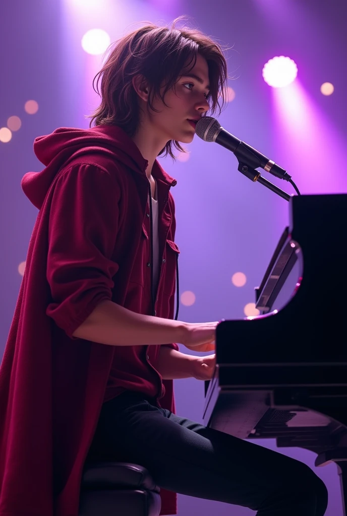 artwork best quality realistic image handsome american male teenager long brown hair light skin with burgundy button down shirt and black pants with burgundy cape and hooded coat with glowing details playing piano and singing with a microphone in front of him with purple lights around him illuminating him intricate details singing seen from afar at a concert with details uhq 8k realism