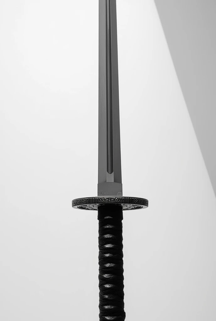 A black and white katana with perspective From bottom to yes to top