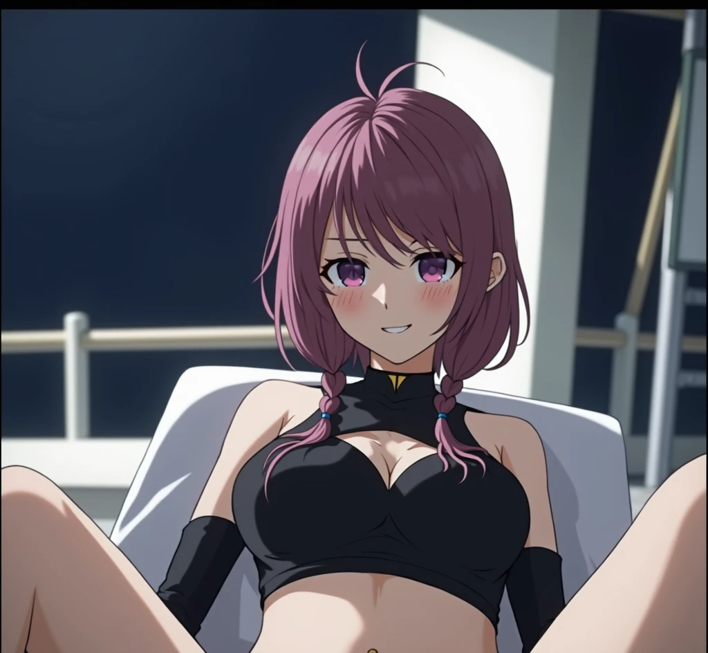 The hair is longer, the hair is in pigtails, the body is slim, the sternum is a little more visible, the expression is mischievous, the hair color is pink, it looks like something out of a Japanese animation.