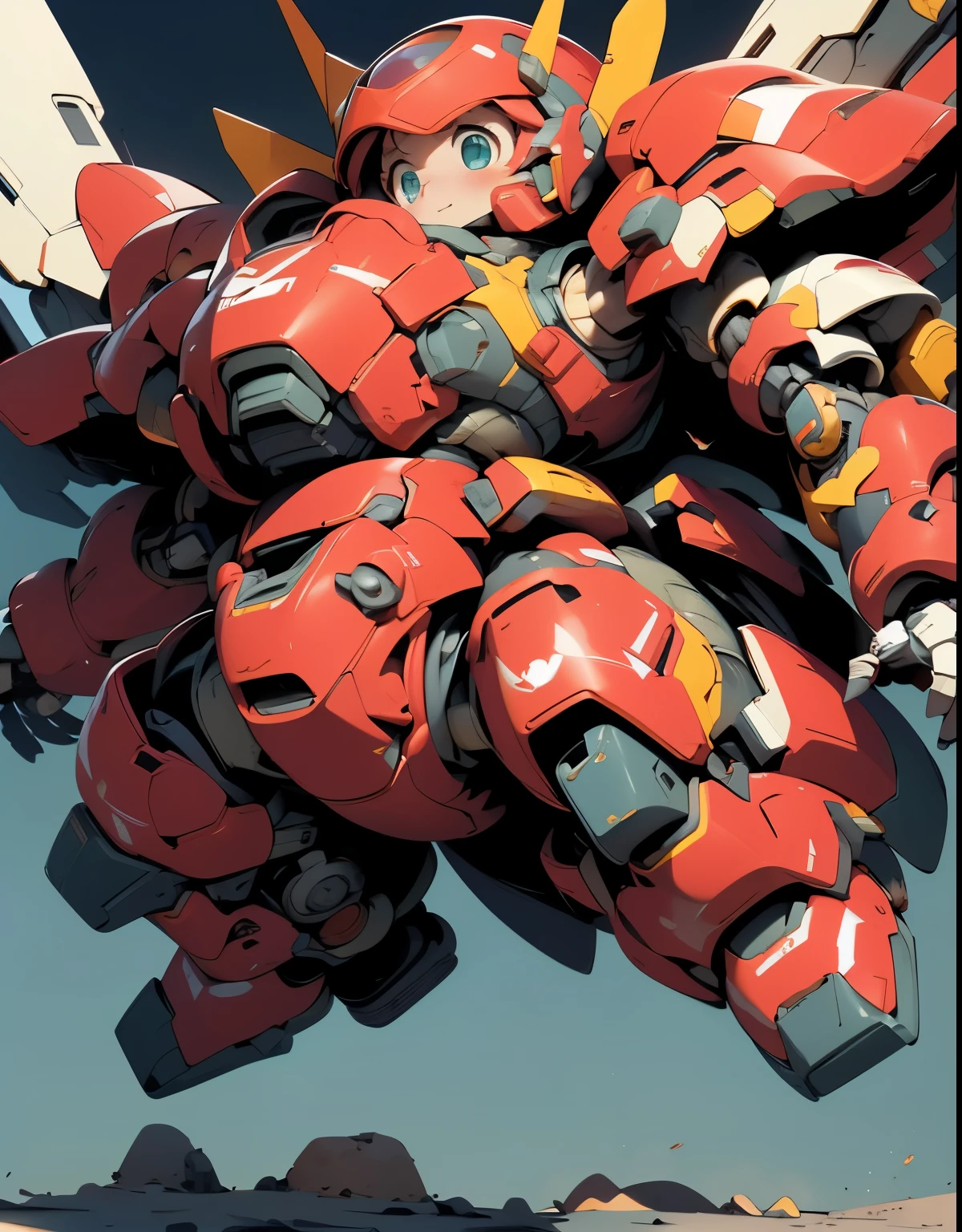 (((1 chibi girl in large red-colored robot costume, from below))), (holding weapons), (((met:1.5))), (((looking down:1.4))), ssmile, (chibi), (bulky:1.5), large cute face, mechanical parts, ((mechanical wings)), (full armor:1.8), (mecha armor:1.8), (shoulder guards:1.2),(huger arms), ((mechanical arms:1.5)), (short legs), (huger body:1.8), (heavy equipment:1.6), (from below), (headgear), blue sky, white clouds, robot joints, becoming a mecha, mecha, (RARS), (HRS), ROBOTANIMESTYLE, BJ_Cute_Mech,cute, girl
BREAK
((masterpiece)), vibrant colors, 8k, best quality, ultra detailed illustration, ((best quality)), ((high resolution)), flawless skin textures, shiny oiled skin, extremely detailed anime eyes , extreme light and shadow,
