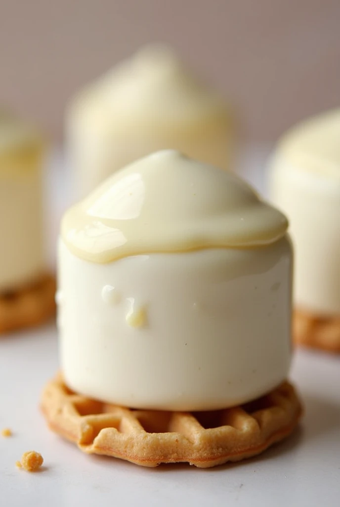 A soft marshmallow bar, covered with a generous layer of white chocolate with a very thin waffle cookie base that makes it look very sweet and appetizing
