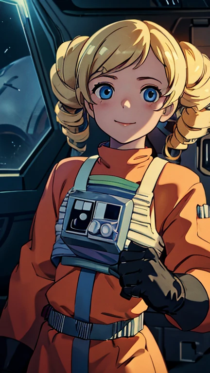 (1girl, solo, highly insanely detailed, masterpiece, top quality, best quality, highres, 4k, 8k, RAW photo),((innocent look)),((Childish)),From the front, symmetrical composition,smile,cute,Innocent,Kind eyes,Flat chest, (ghibli style), dark, neon light spaceship interior, (ppgzbb), (blue eyes, blonde hair, twin drills), rebel pilot suit,