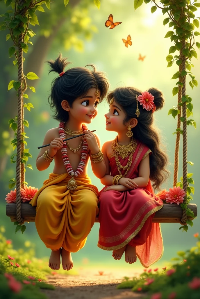 A beautiful Year-old girl and boy boy ka body color blue sky Blue dart are depicted in a serene and joyful scene. The boy, dressed as Krishna in a yellow dhoti and garland, plays a flute while the girl, adorned in a traditional red and gold outfit with jewelry, looks at him playfully. They are sitting together on a swing decorated with greenery, symbolizing Radha and Krishna's divine love. The soft light filters through a lush green background, adding to the tranquil atmosphere, with butterflies fluttering ar