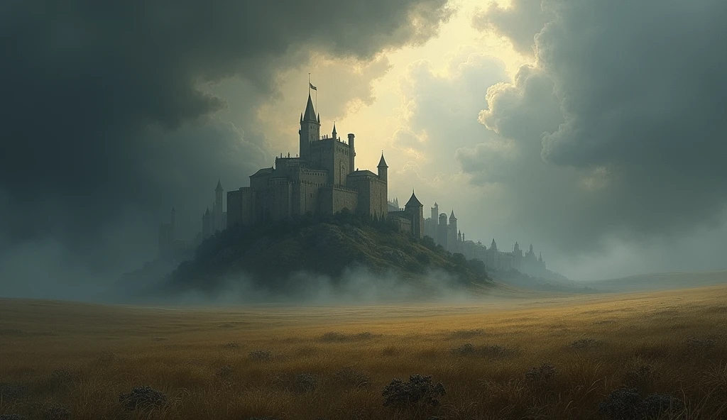 An artistic image combining a European medieval landscape with castles and vast fields under a dark, stormy sky, symbolizing impending political and military turmoil. The scene is rendered in the style of Edmund Blair Leighton, with detailed, dramatic contrasts between the looming clouds and the rich, historical architecture of the castle. The fields are vast, with hints of battle preparations, and the overall atmosphere is tense, capturing the anticipation of conflict through Leighton’s signature attention to detail and emotional depth., Surrealism, Hyperrealism, UHD, retina, masterpiece, accurate, anatomically correct, textured skin, super detail, high quality, award winning, 16k