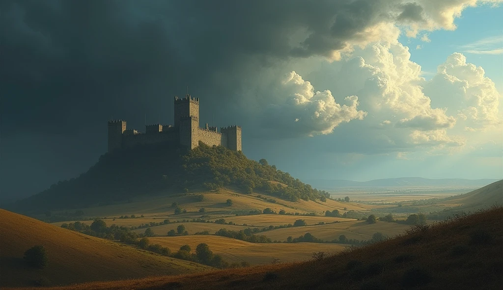 An artistic image combining a European medieval landscape with castles and vast fields under a dark, stormy sky, symbolizing impending political and military turmoil. The scene is rendered in the style of Edmund Blair Leighton, with detailed, dramatic contrasts between the looming clouds and the rich, historical architecture of the castle. The fields are vast, with hints of battle preparations, and the overall atmosphere is tense, capturing the anticipation of conflict through Leighton’s signature attention to detail and emotional depth., Surrealism, Hyperrealism, UHD, retina, masterpiece, accurate, anatomically correct, textured skin, super detail, high quality, award winning, 16k

