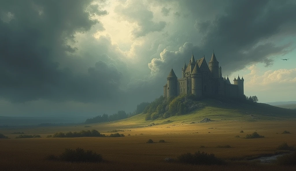 An artistic image combining a European medieval landscape with castles and vast fields under a dark, stormy sky, symbolizing impending political and military turmoil. The scene is rendered in the style of Edmund Blair Leighton, with detailed, dramatic contrasts between the looming clouds and the rich, historical architecture of the castle. The fields are vast, with hints of battle preparations, and the overall atmosphere is tense, capturing the anticipation of conflict through Leighton’s signature attention to detail and emotional depth., Surrealism, Hyperrealism, UHD, retina, masterpiece, accurate, anatomically correct, textured skin, super detail, high quality, award winning, 16k
