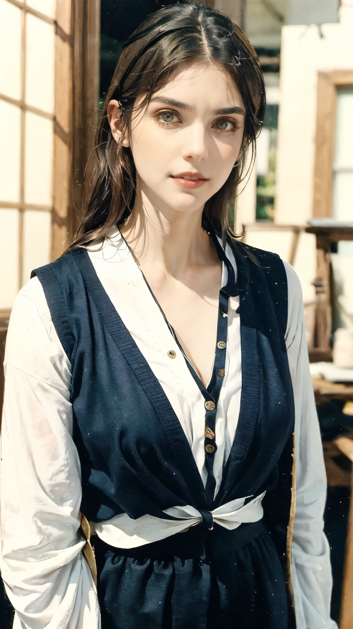 (masterpiece:1.2, best quality:1.2, extremely delicate:1.2), ((Alexandra Daddario:1.2)), a women with short brown hair slicked back, topknot hairstyle, small center-parted fringe, deep eyes, straight eyebrows, perfect face, playful smile, a azure blue fantasy-style cloth vest jacket over a long-sleeved white undershirt, a black waistband, coarse cloth trousers the backdrop of a fantasy-style border outpost, this character embodies a finely crafted fantasy-style female warrior, exquisite photography, Photo realism, photorealistic, goddess, pale skin, perfect skin, textured skin, detailed skin, porcelain skin, dramatic, high definition, highres, ultra-detailed, ultra-fine painting, professional, perfect body proportions, golden ratio, anatomically correct, symmetrical face, perfect eyes, extremely detailed eyes and face, high quality eyes, creativity, RAW photo, UHD, 32k, Natural light, cinematic lighting, (masterpiece-anatomy-perfect:1.2)