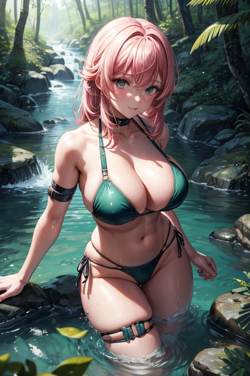 A busty cyborg in a bikini, in a stream, in the middle of a forest.