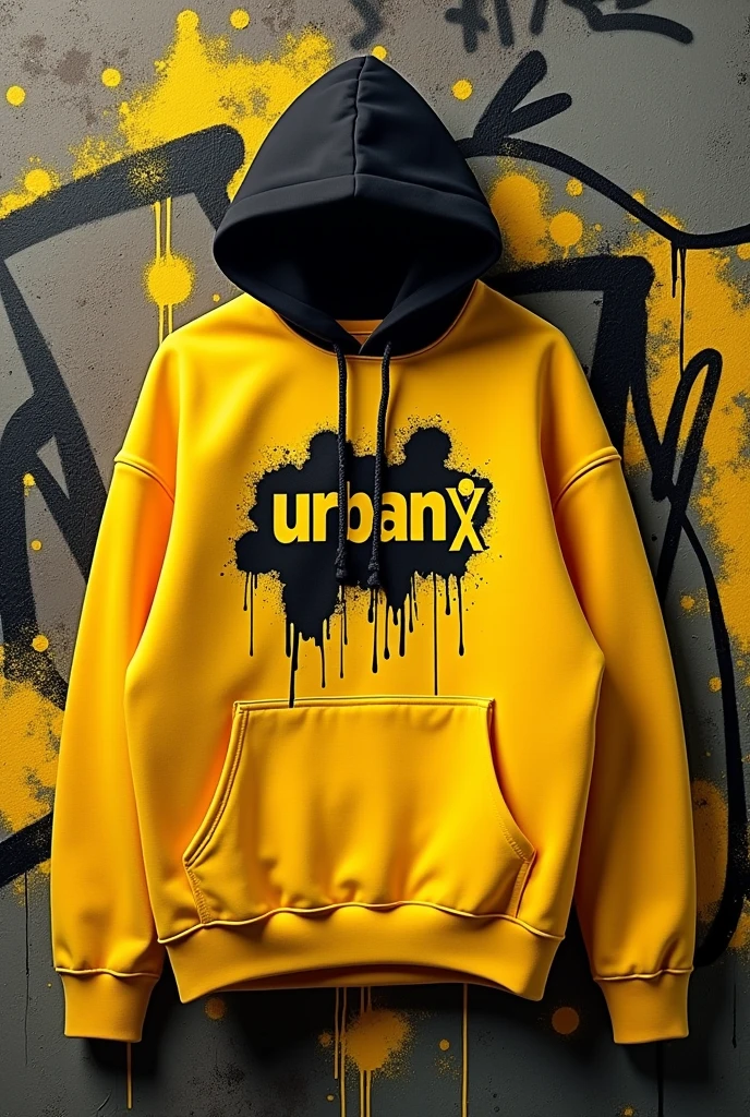 A high-quality, realistic image of an oversized 'UrbanX' logo sweatshirt in yellow with a black hoodie, featuring a unique urban-inspired graphic illustration. The sweatshirt should be the sole focus of the image, with no people or additional clothing visible. The graphic print should be bold and original, street art, complementing the "UrbanX" logo prominently displayed on the front. The background should feature a graffiti covered wall with splashes of yellow and black paint, enhancing the urban atmosphere. The overall aesthetic should be modern, bold and elegant, highlighting the brand's distinctive urban appeal."