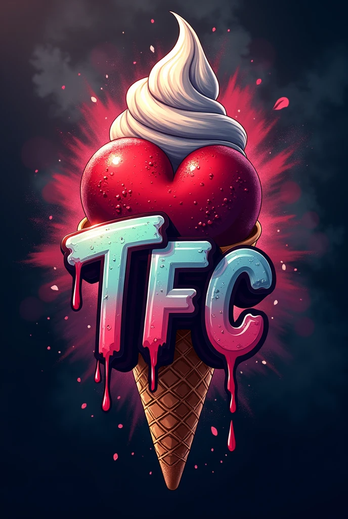 Street style logo of ice cream cone with ice cream being a real heart with graffiti style TFC letters dripping ice cream with dark colored smoke explosion background