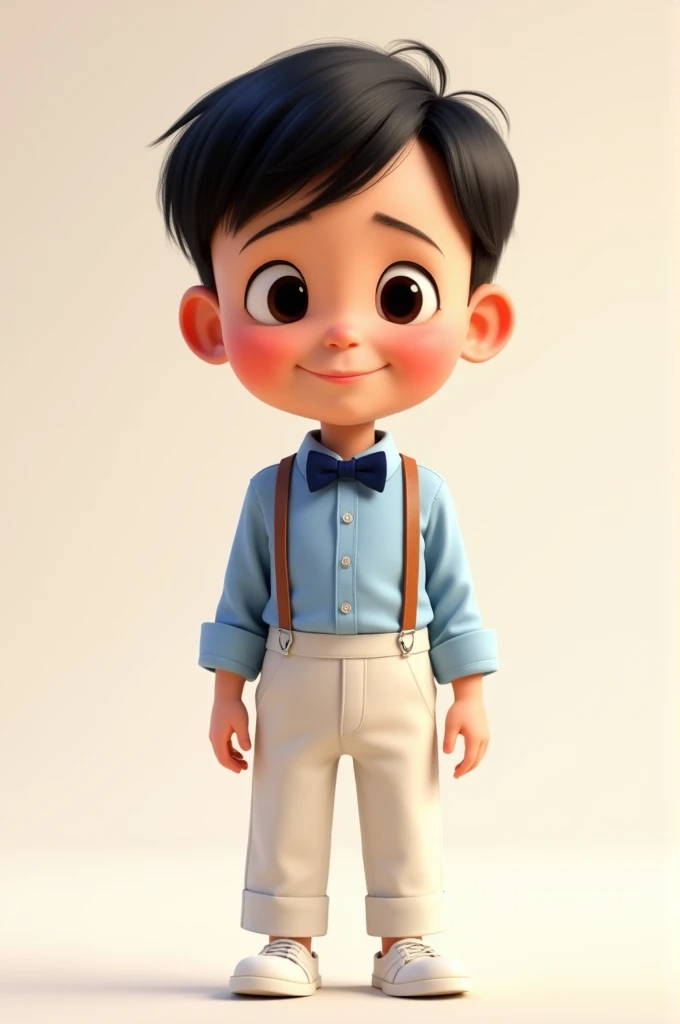 Make a pixar-style cartoon of a  boy. White skin, dark, straight and short hair, dark and small eyes, wearing a light blue blouse, white pants, white suspenders, white bow tie, white shoes and neutral background