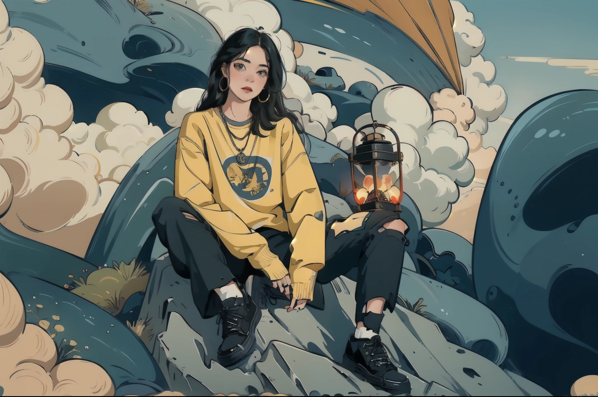 ((masterpiece)), best quality, perfect anatomy,8K wallpaper,
mChinaChic, 1girl, solo, black shoes, black hair, yellow print shirt, long hair, necklace, lantern, cloud, looking at viewer,  torn pants, long sleeves,sitting on rock, hoop earrings, wide shot, ring,
