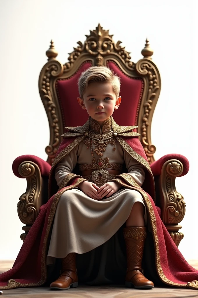 A 1 boy sitting on a throne wearing royal robes Striking a pose for the attached white light in the background.