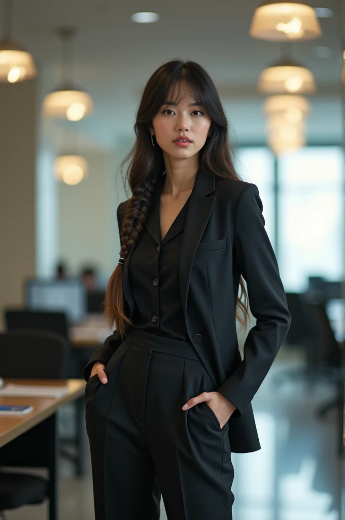 A beautiful young girl of twenty-two years old, tall, long-legged, her hair is fringe and braided, comes from Indonesia, wearing work clothes to the office, yes he was standing with his legs apart in front of his office,