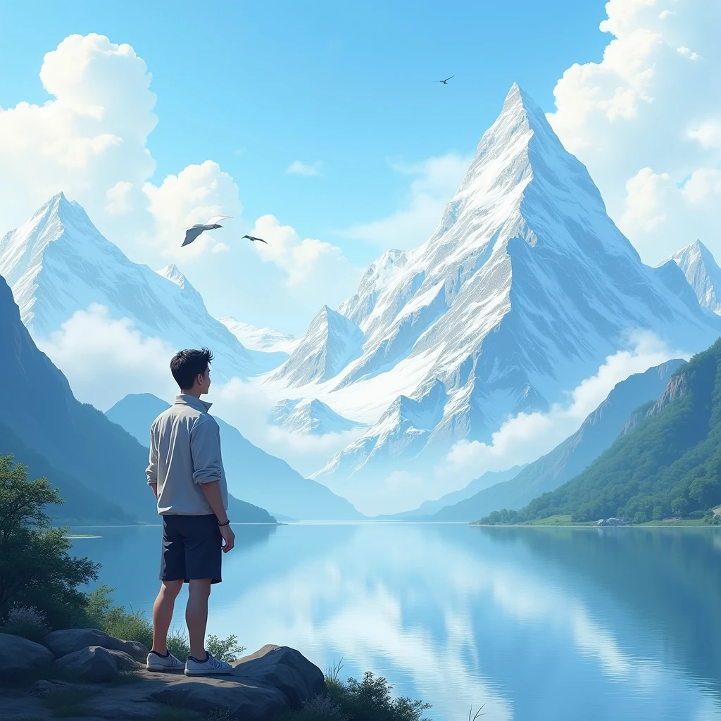 background: Jade Dragon Snow Mountain,Mountain Snow,Lake on the mountain,Handsome boy;Reflections in water,Sunlight through the clouds,Blue sky,Lone Bird