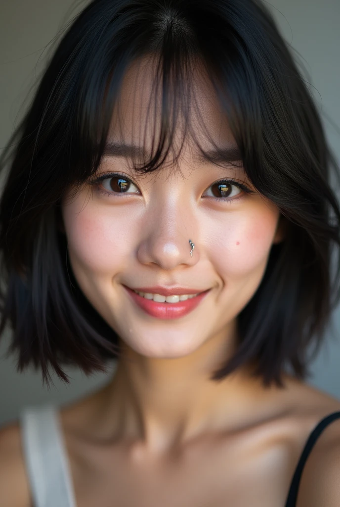 selfie of a woman with a nose piercing, cute smile short black straight hair