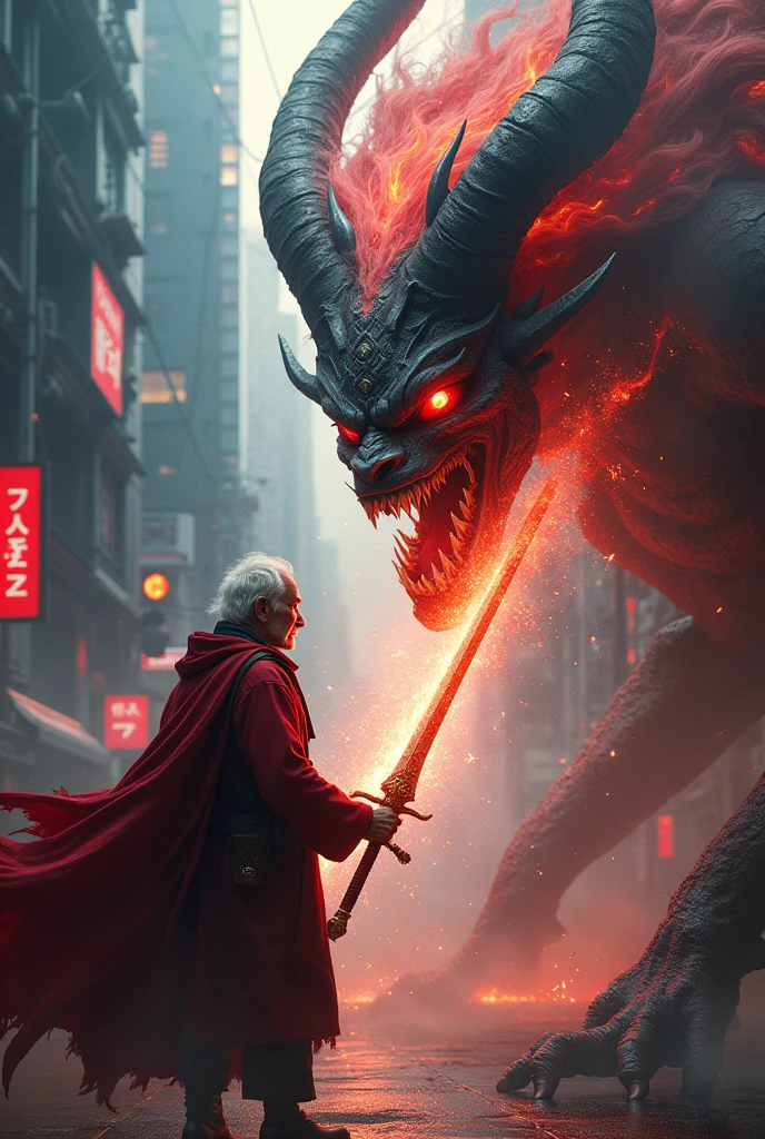 The divine sword is very powerful, the sword is beautiful, Bangkok in the future, an old man fights with a beautiful female demon, berserk theme.