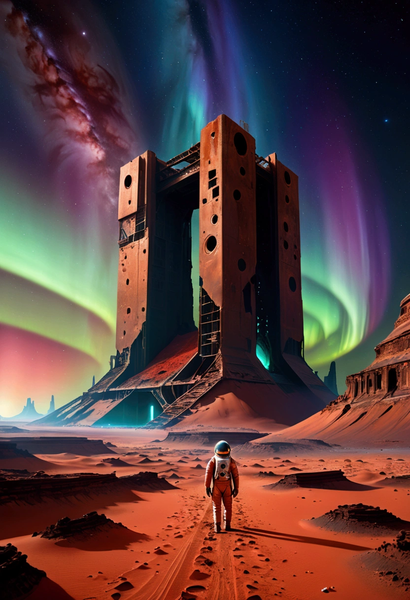landscape, Northern Lights in the sky, The remains of an alien civilization on Mars,Crumbling structure,The environment is desolate,Infinite horizon,Atmospheric perspective,Astronaut explorer,Weird atmosphere,Strange symbols,Surreal landscape, Unobstructed panoramic views,dusty red sand,(Sci-fi concept art),(best quality,4K,8k,highres,masterpiece:1.2),ultra-detailed,(realistic,photorealistic,photo-realistic:1.37)