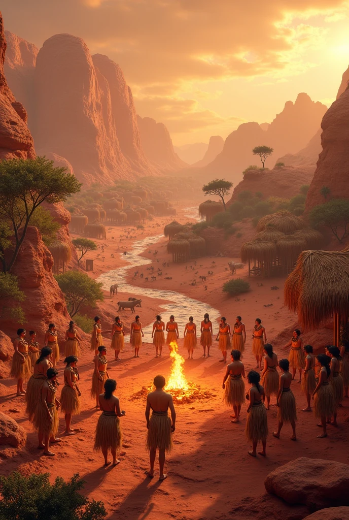 scenario with many indigenous people on Mars , and several villages made of hollow  ,  e várivers indígenas dançando em círculos e muitas músicas, rivers, auspicious clouds, sunshine light, Trees,animals  , camp fire , Indians dressed in straw clothes and painted faces , ultra HD, high qualiy, extremely detaild, offcial art, super detaill, 32k - v.6