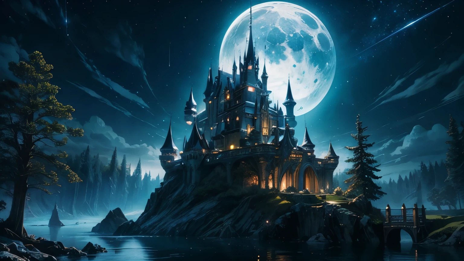 enchanted castle, floating islands, majestic trees, moonlit sky, fantasy landscape, magical atmosphere, intricate details, dazzling architecture, glowing lights, celestial background, 4K resolution, fantasy art, surreal scenery, mystical realm