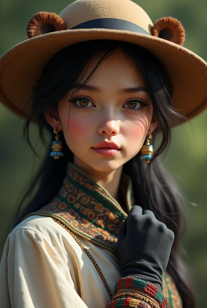 spectacled bear, tender, elegant, beautiful, with typical clothes from the Andean area, with gloves, black, woman and make her young with a hat and makeup and without looking like a human, that the costume shows that it is a woman and with the eyes around not even a bear with glasses