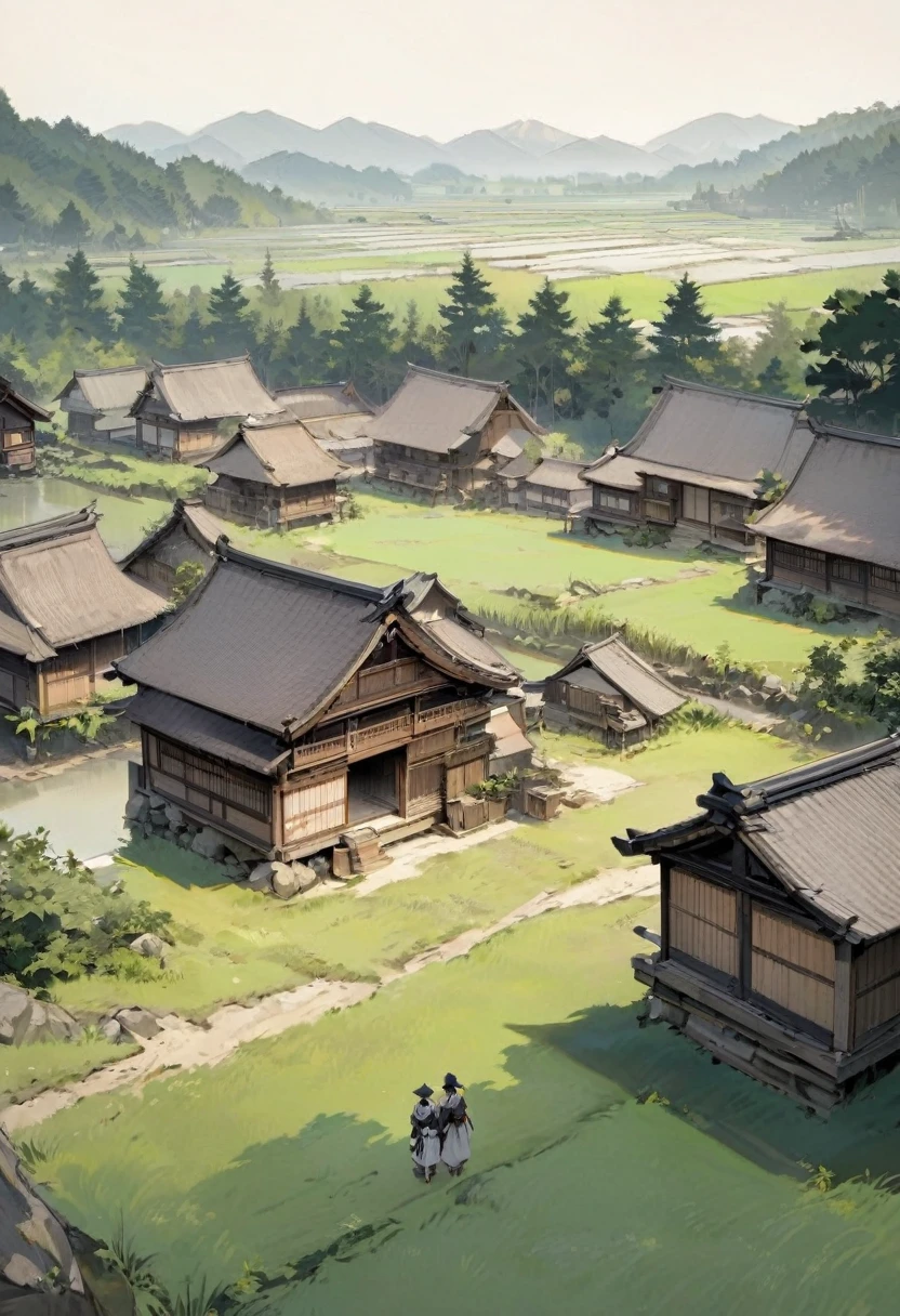  "A humble rural village in Japan during the 16th century, with simple wooden houses and rice paddies, a peaceful and rustic atmosphere, showcasing the humble beginnings of a future leader."