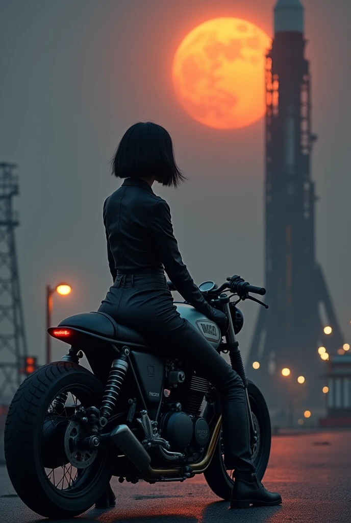 
A breathtaking scene set on the night of the Mid-Autumn Festival under a bright orange full moon. In the foreground, a beautiful young woman from Brooklyn, dressed in a stylish jumpsuit, sits confidently on a classic café racer motorcycle. She has short black bob hair and a cool, composed expression, exuding an urban, sophisticated vibe. The background features a towering space rocket launch pad nearby, with the rocket ready for launch. The scene blends the mystique of the moonlit night with the tension and excitement of a space mission. The vintage motorcycle adds a retro touch, while the overall setting is infused with a mix of urban charm and futuristic ambition. The atmosphere is slightly misty, with the moonlight casting an ethereal glow over the entire scene.