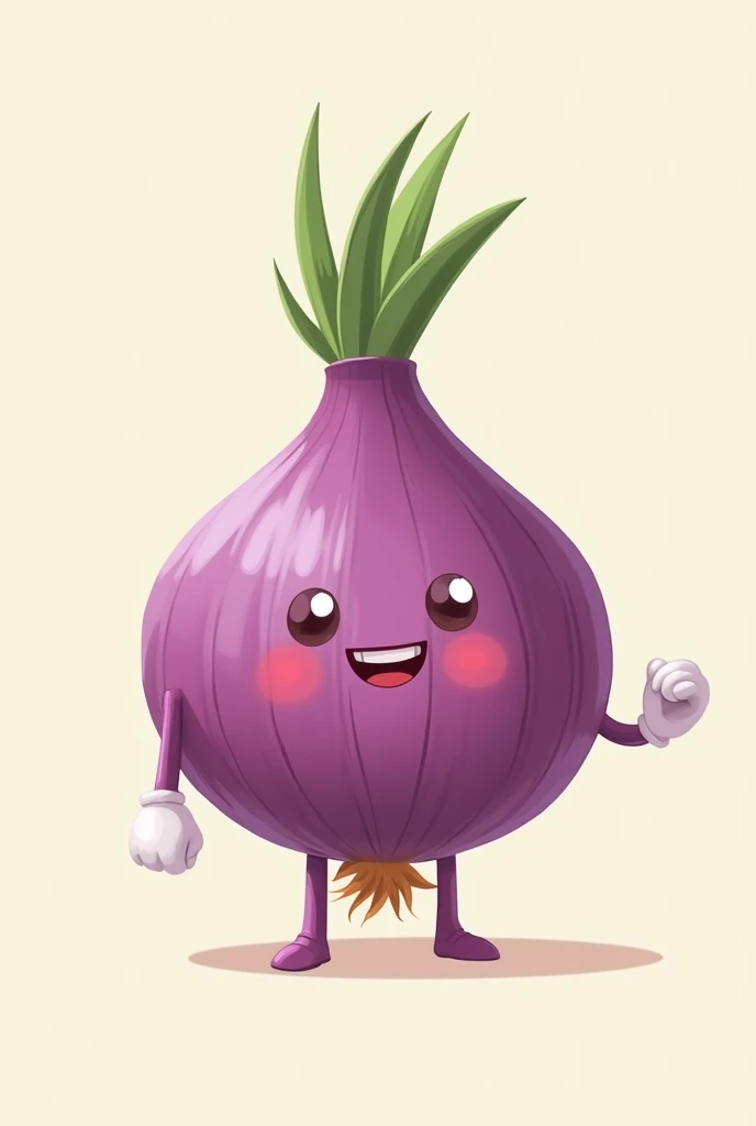Create a cute and tender illustration of a pet, It is a purple onion, it has no hair on its bottom, it has short legs and little arms with white gloves, it is happy and very smiling, HE DOESN'T HAVE HAIR BELOW, HE LOOKS UGLY AND HIS HEAD IS NOT BLONDE, IT'S GREEN, HIS FACE CHANGES AND NO RED CHEEKS , THAT FACE HAS NOTHING TO DO WITH THOSE, TAKE AWAY THOSE RED CHEEKS, THE EYES ARE NOT THAT UGLY, DON'T MAKE IT KAWAII