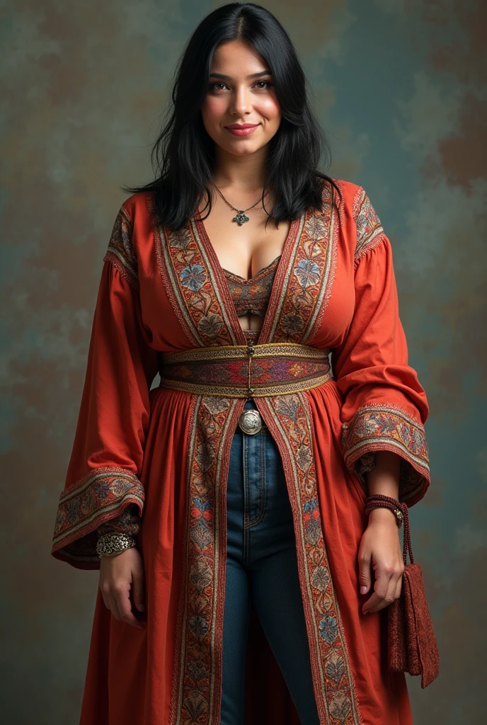 woman, shoulder-length straight black hair, medium bust, plump, wearing gypsy clothes, standing, looking at the camera, photorealistic